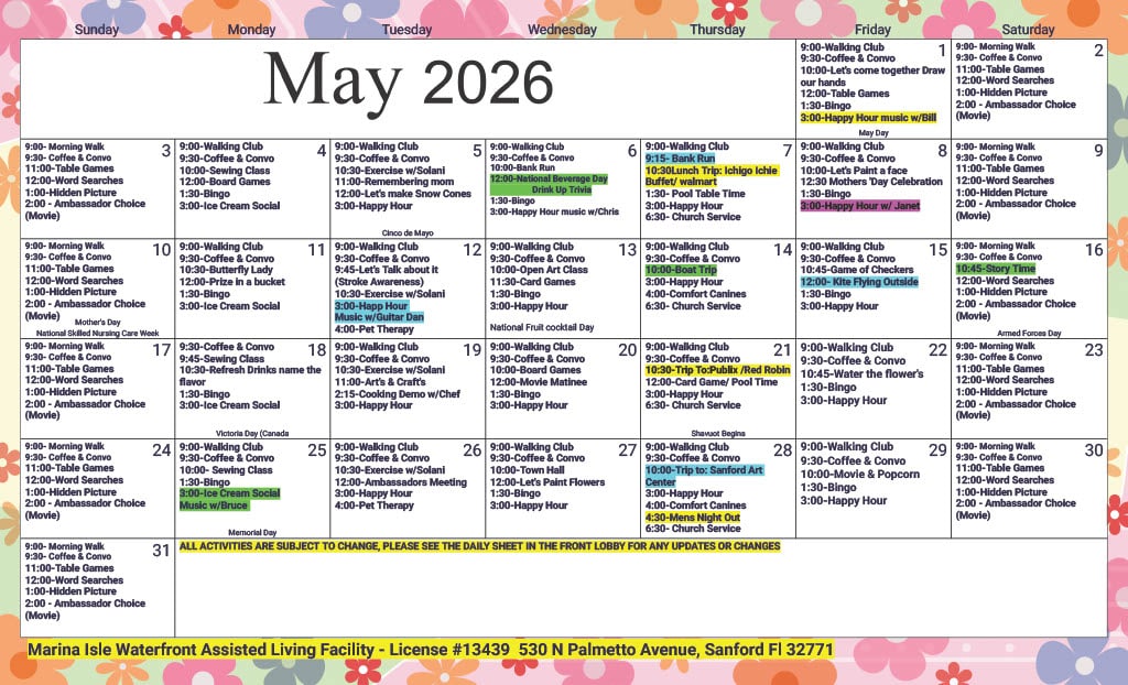 Maycalendar Marina Isle Waterfront Assisted Living